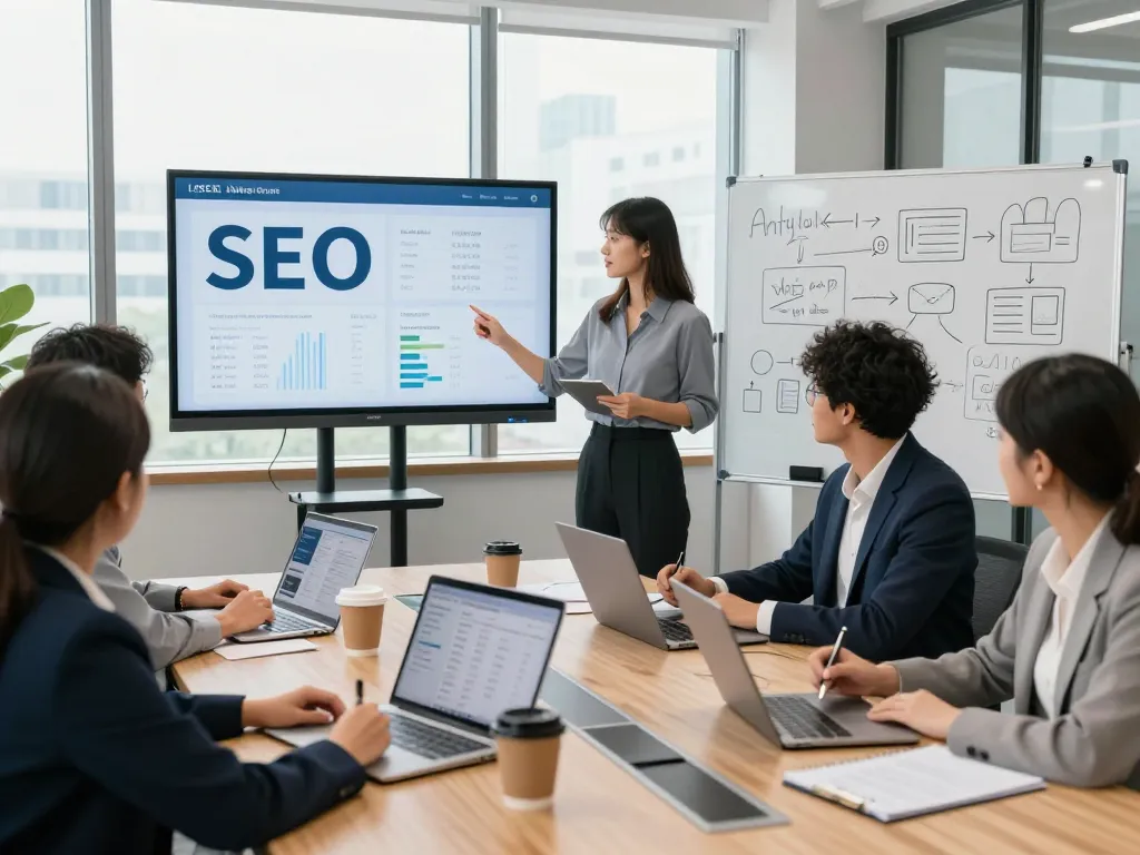 SEO Company in NYC team collaboration in a modern conference room with data presentation and brainstorming session.