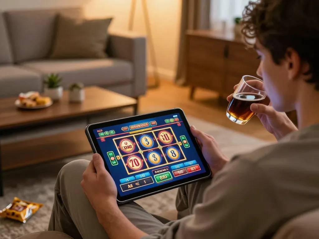 Engaging in Canada online casinos reddit on a tablet in a cozy living room.