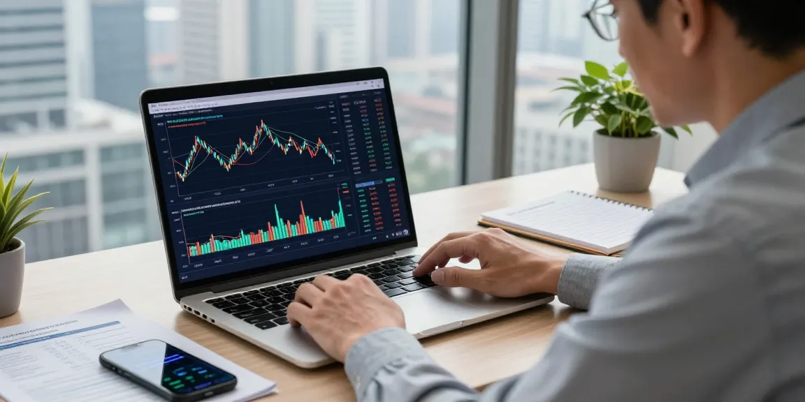 MetaTrader 5 trading platform displayed on a laptop in a modern office, showcasing charts and indicators for effective market analysis.