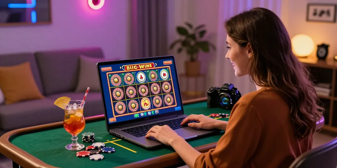 Excited player celebrating at online casino not on gamstop with colorful game graphics and poker chips.