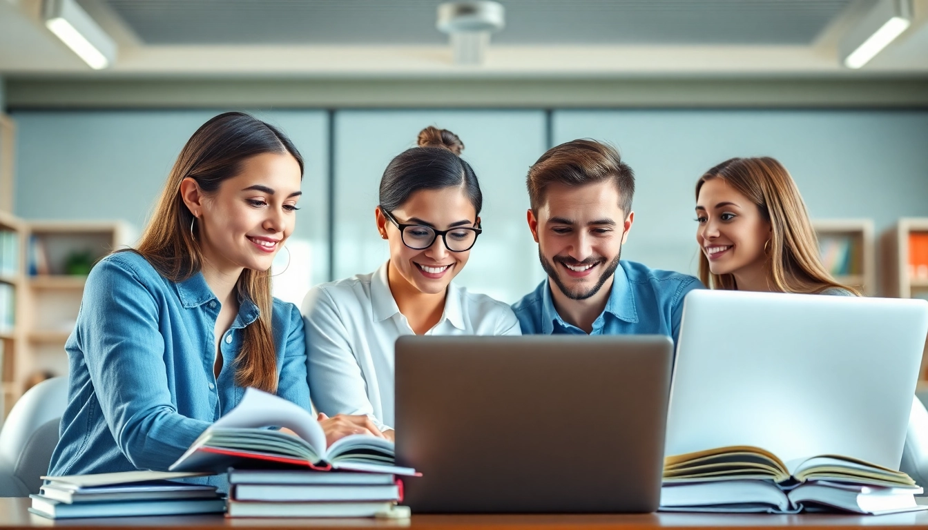 Supportive TOEFL test takers for hire collaborating in a bright study environment.