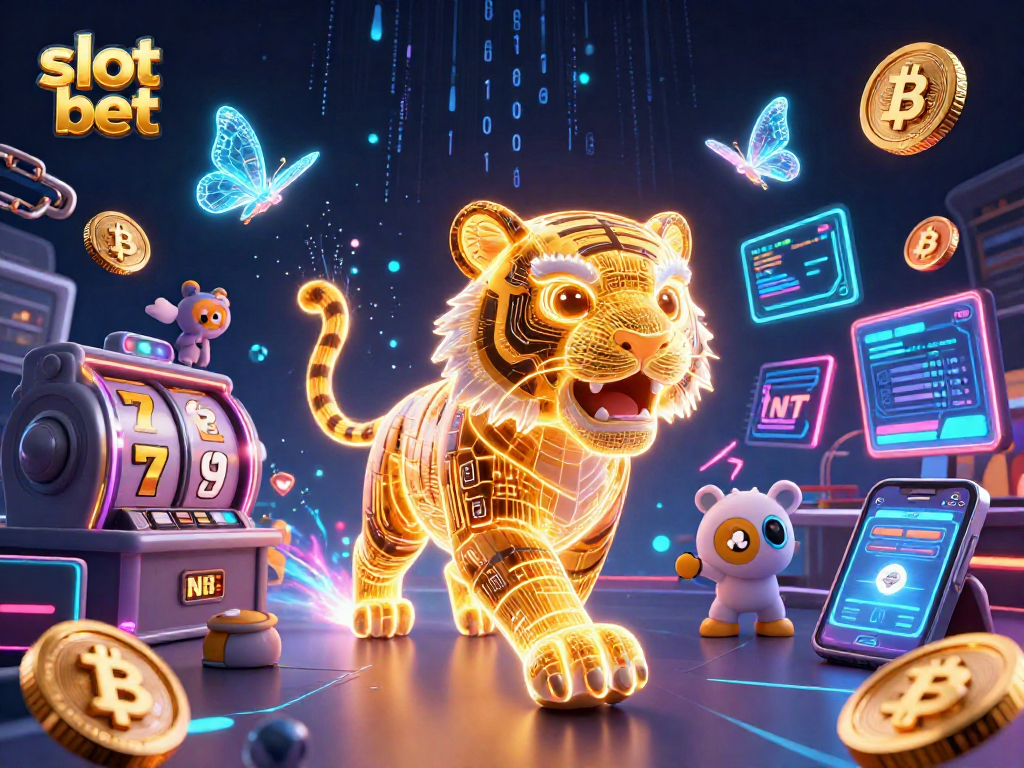 Menggali peluang dengan slot bet di kasino digital, menyaksikan simbol kemenangan dan koin cryptocurrency.