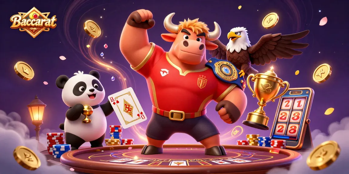Baccarat table scene with festive characters celebrating, featuring a muscular bull, bald eagle, and panda.