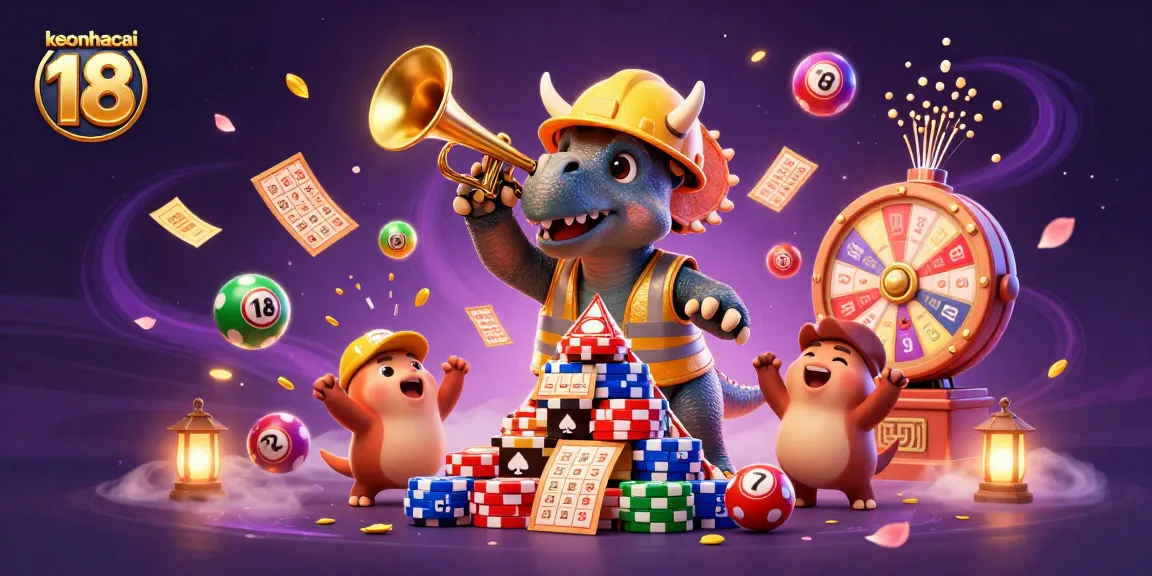 Engage with keonhacai 18’s vibrant 3D casino scene of a triceratops building poker chips and celebrating.