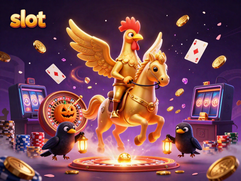 Slot yang menghibur dengan koin emas dan karakter kasino dalam ilustrasi magis.