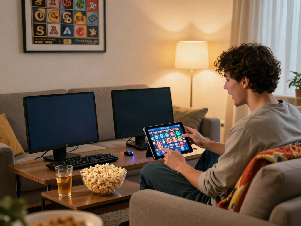 Player enjoying slot88 gaming on a tablet in a cozy living room with vibrant graphics and popcorn.