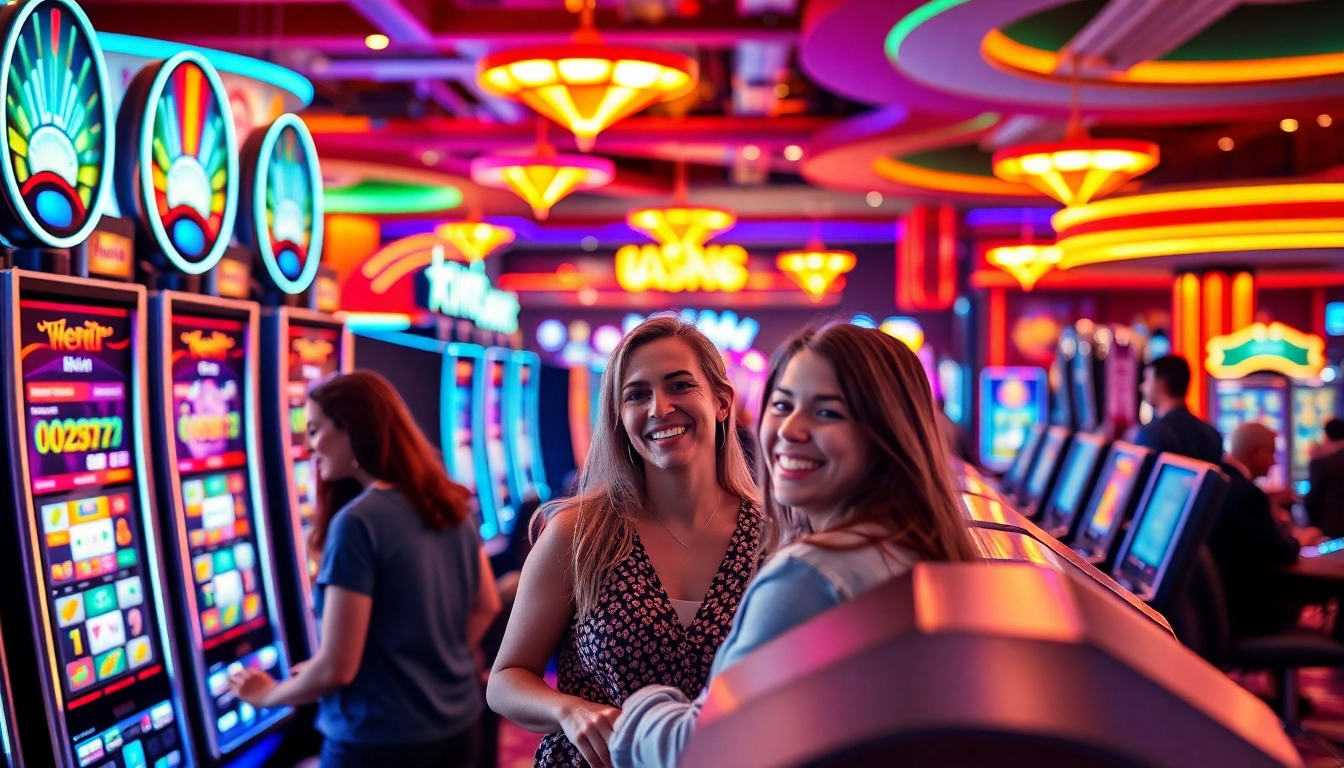 Engaging scene at a Non Uk Casino showcasing players enjoying vibrant gaming machines and tables.