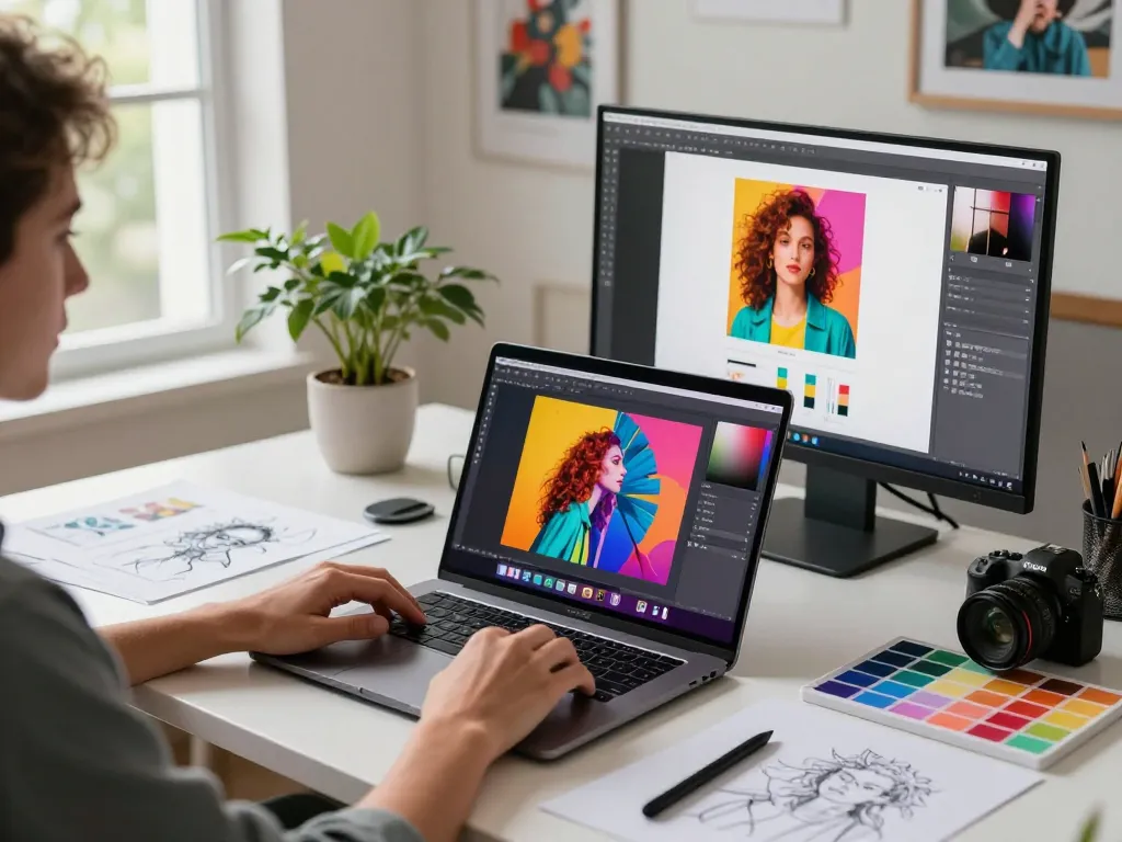 Designer using nano banana 2 software in a bright digital workspace, creating vibrant image edits.