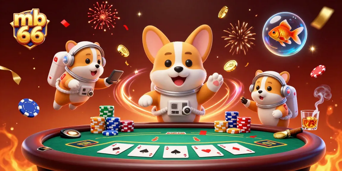 Join the fun at mb 66 as a cartoon corgi floats in a vibrant space casino!