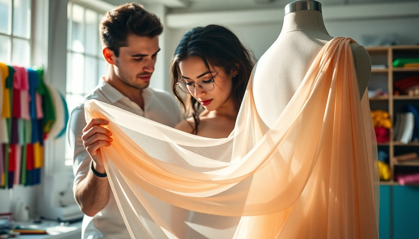 Chiffon jurk in de handen van een professionele modeontwerper met kleurrijke stoffen.