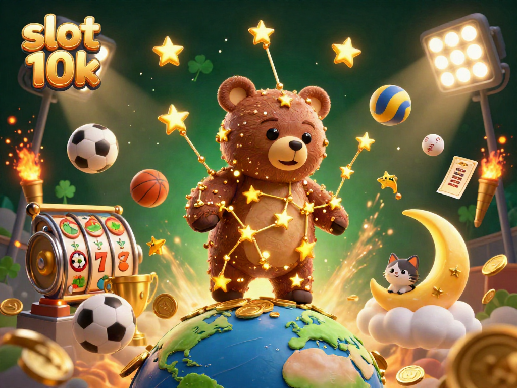 Spin the slot 10k reels with a dazzling 3D casino scene rich in gold coins and lucky charms.