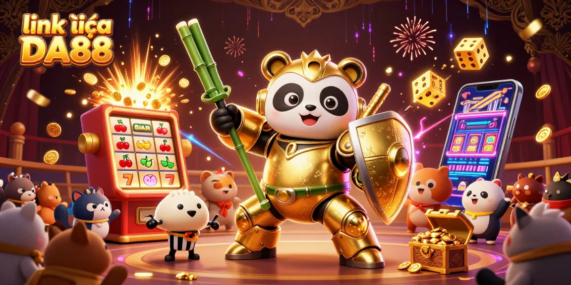 Spin the reels with link vào DA88 as the golden panda joins the casino action amidst vibrant game elements.