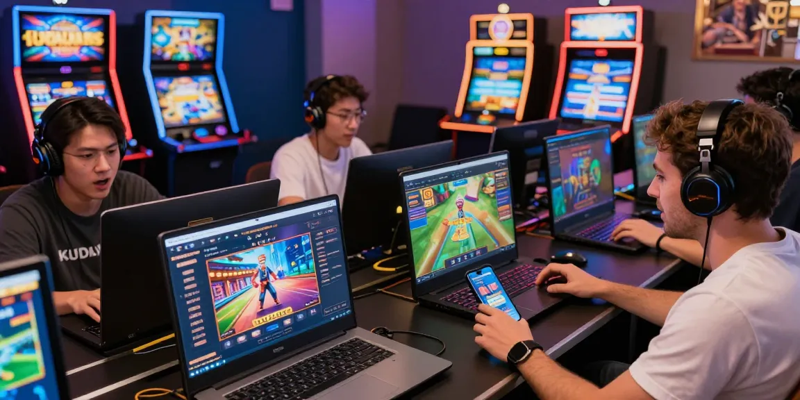 Platform KUDALIAR89 dengan pemain terlibat dalam berbagai permainan online, suasana cerah dan grafik menarik.