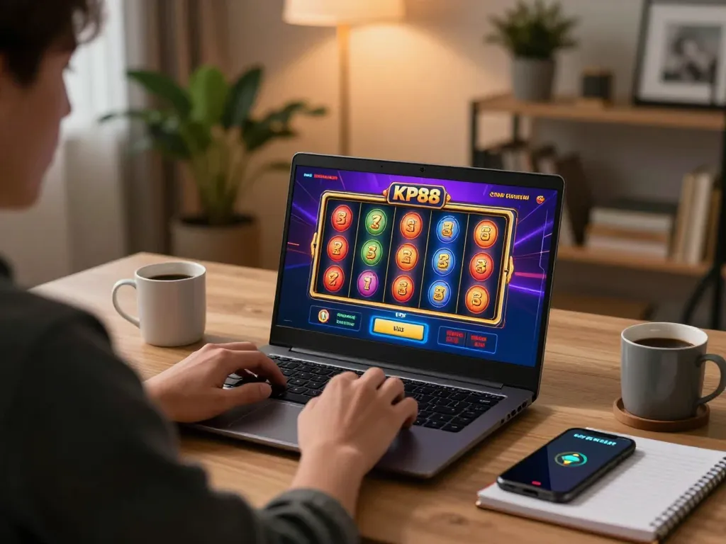 Enjoying KP88 com online casino with engaging slot machine gameplay at a cozy home workstation.