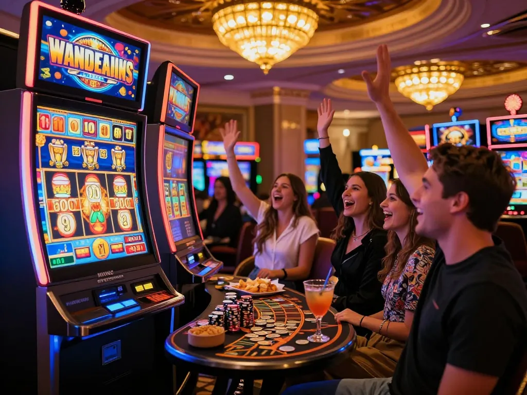 Pengalaman bermain situs slot yang menarik di kasino dengan teman-teman merayakan kemenangan jackpot