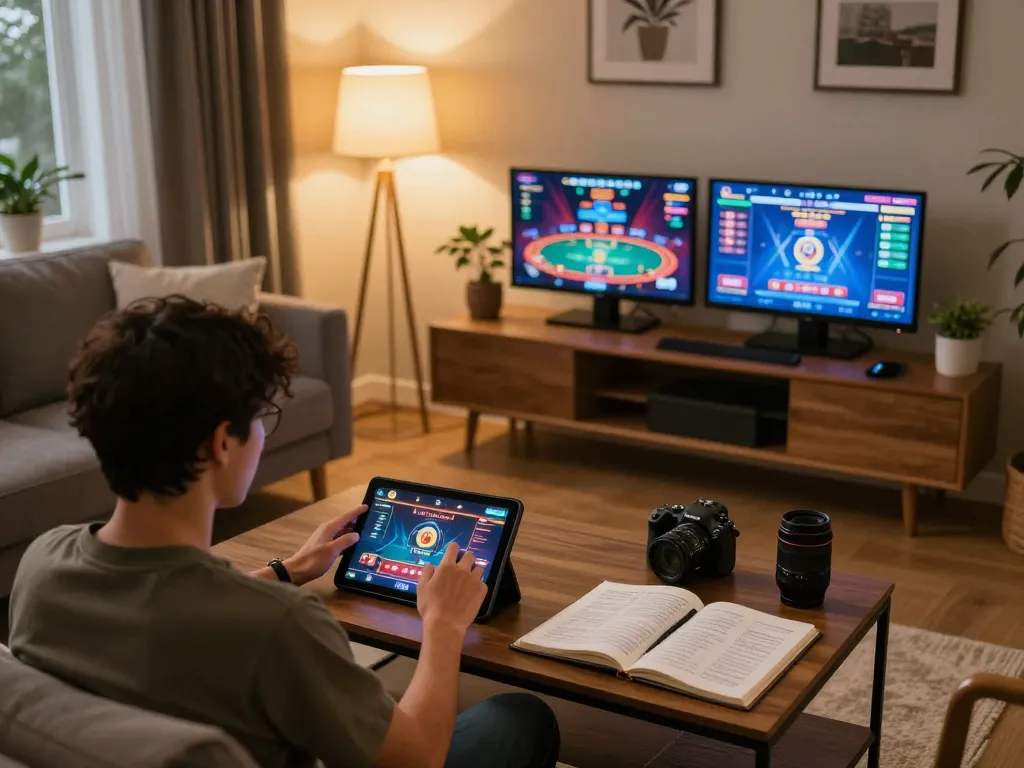 hb88 player engaging in strategic poker from a cozy home setup