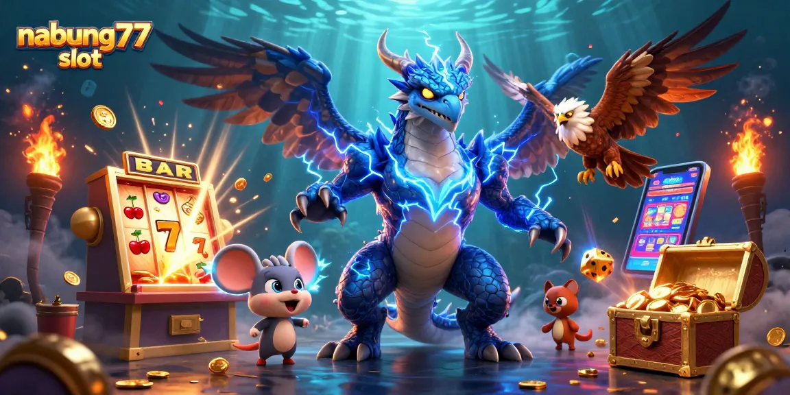 Experience big wins at nabung77 slot with a thrilling casino scene featuring dynamic characters and vibrant winnings.