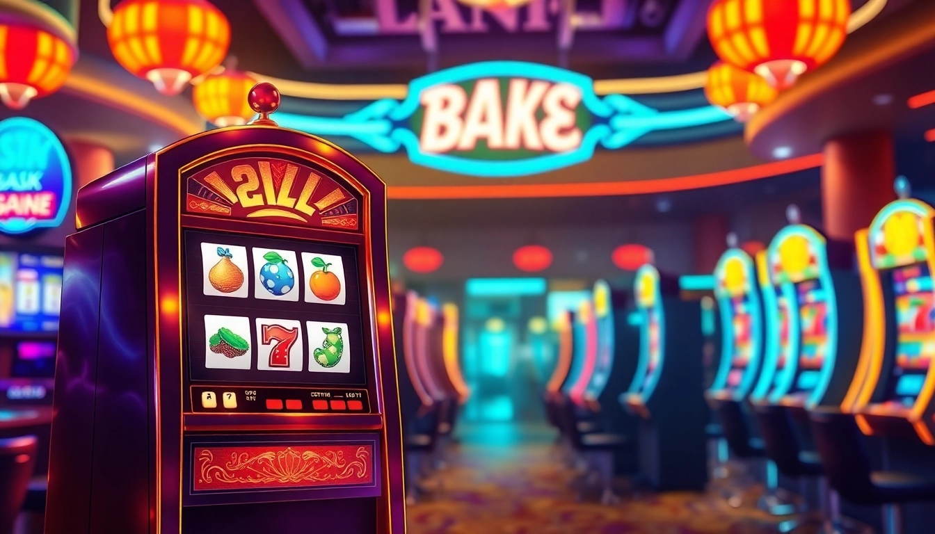 Slot interwin pada mesin slot berkilau di kasino yang penuh warna.