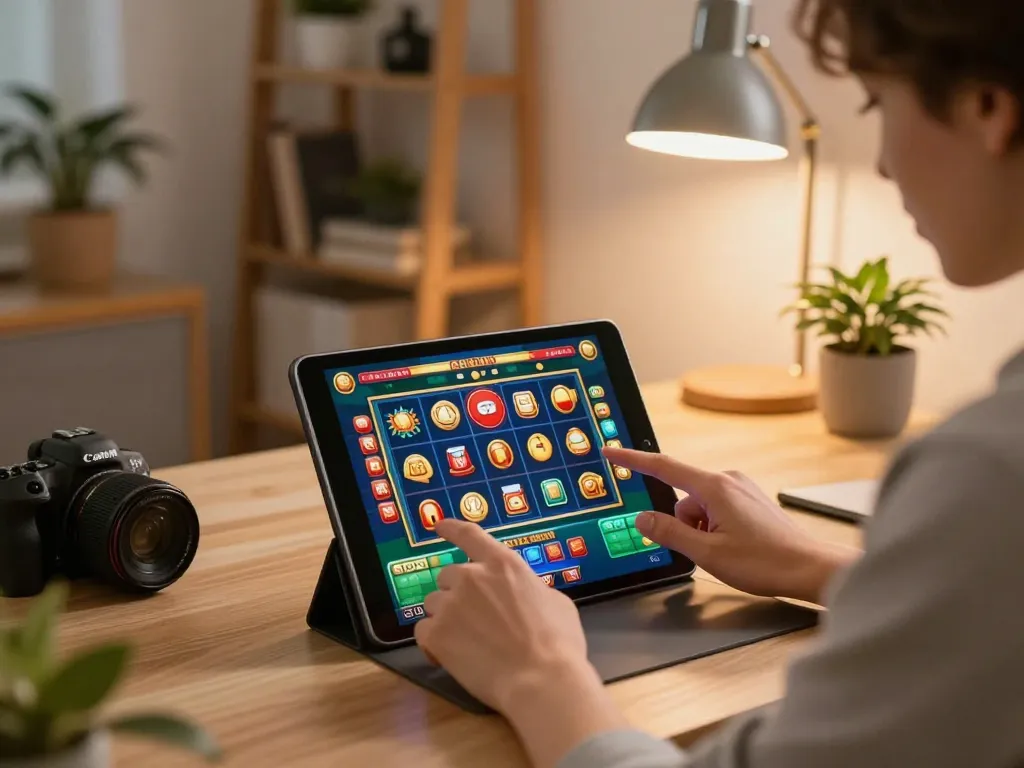 Engaged player focused on link slot game on tablet at cozy home setup.