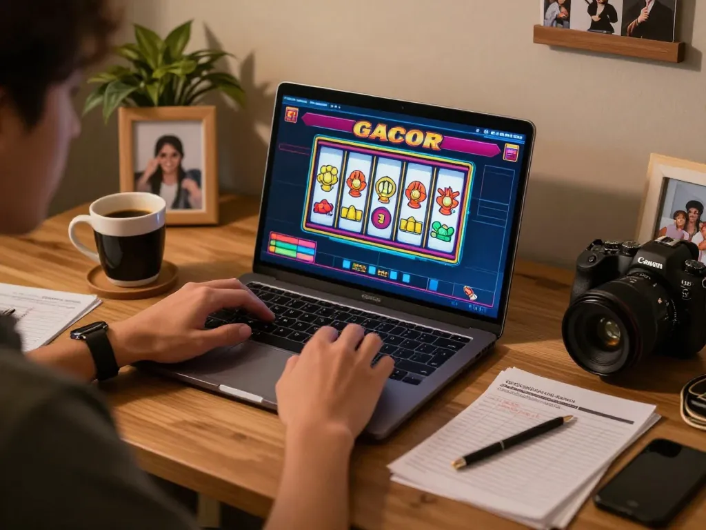 Engaging with a slot gacor game on a laptop while managing bankroll and strategies at home.
