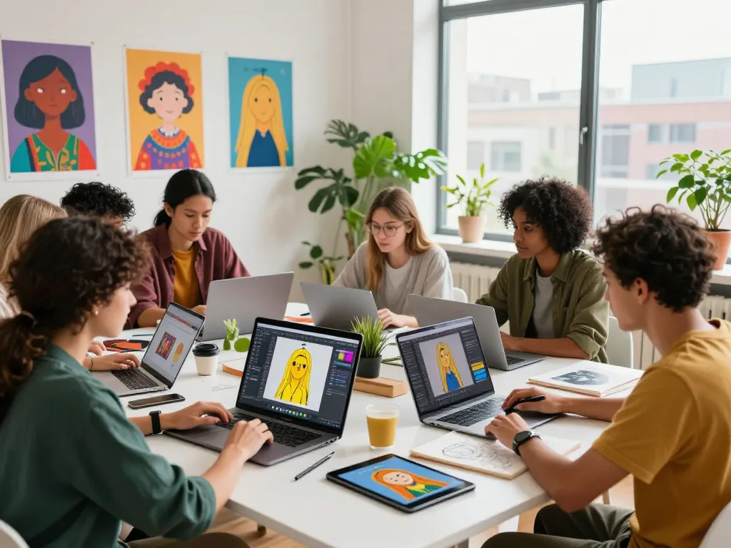 Creative team using nano banana AI for image editing in a vibrant studio.