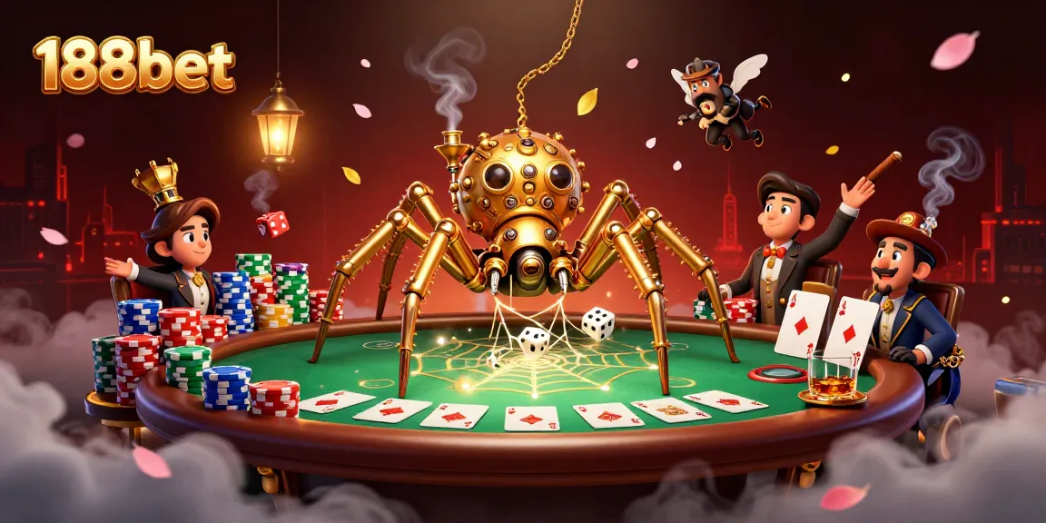 Engaging illustration of 188bet's steampunk-themed online casino with poker elements.