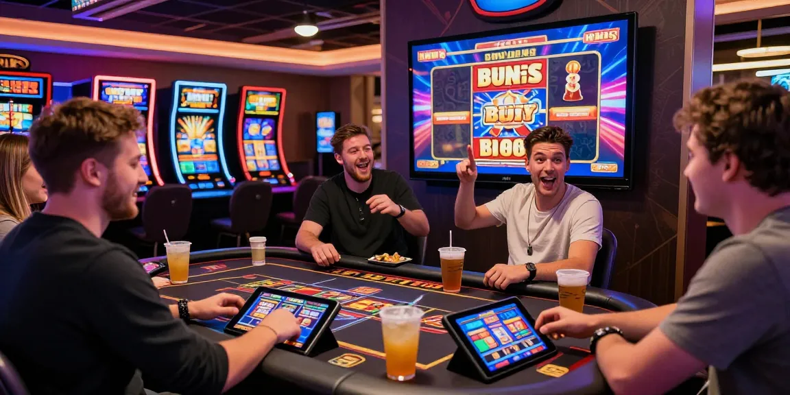 Experience the thrill of bonus buy slots at https://trustresearch.org.uk/, where friends celebrate wins around a colorful casino gaming table.
