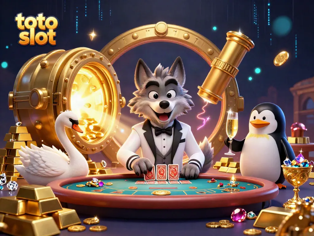 Experience excitement at the toto slot with an elegant wolf, swan, and penguin amidst sparkling treasures.