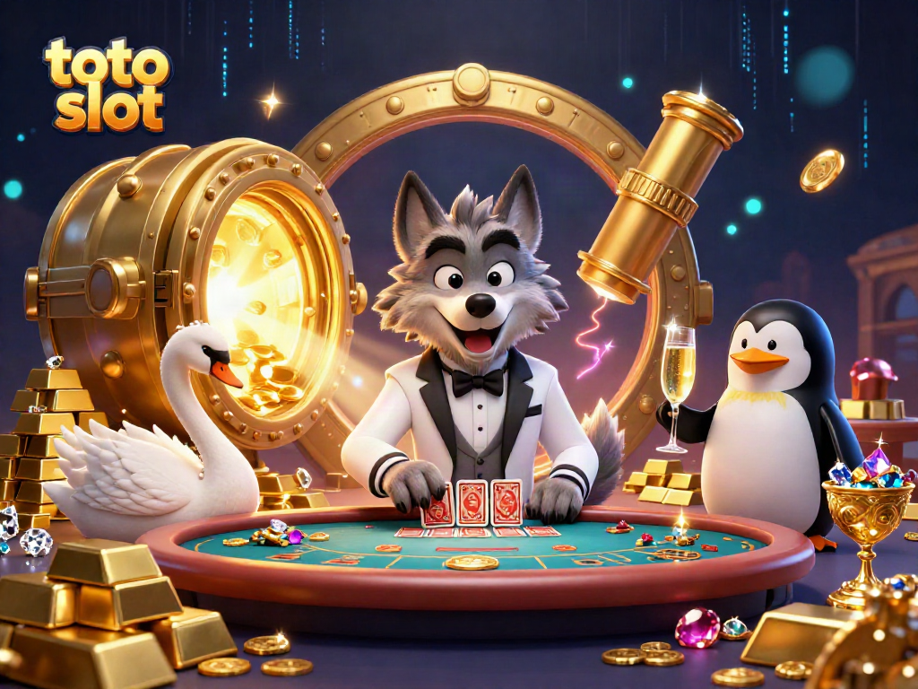 Experience excitement at the toto slot with an elegant wolf, swan, and penguin amidst sparkling treasures.