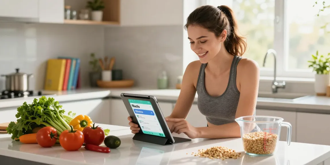Using the best AI macro tracker app to log healthy meals in a modern kitchen
