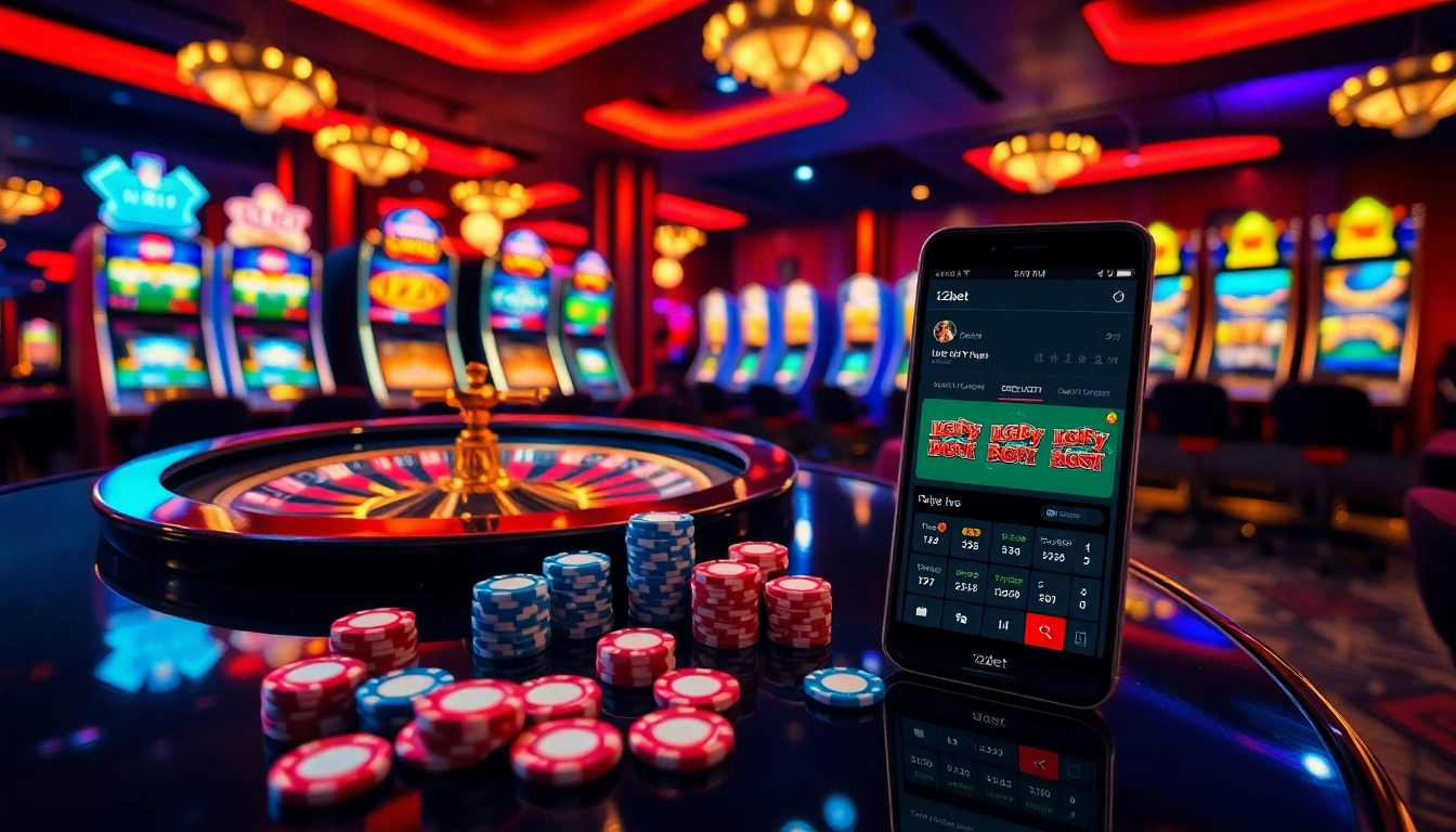 Engaging scene of 12bet online gaming interface with roulette, poker chips, and mobile app display.