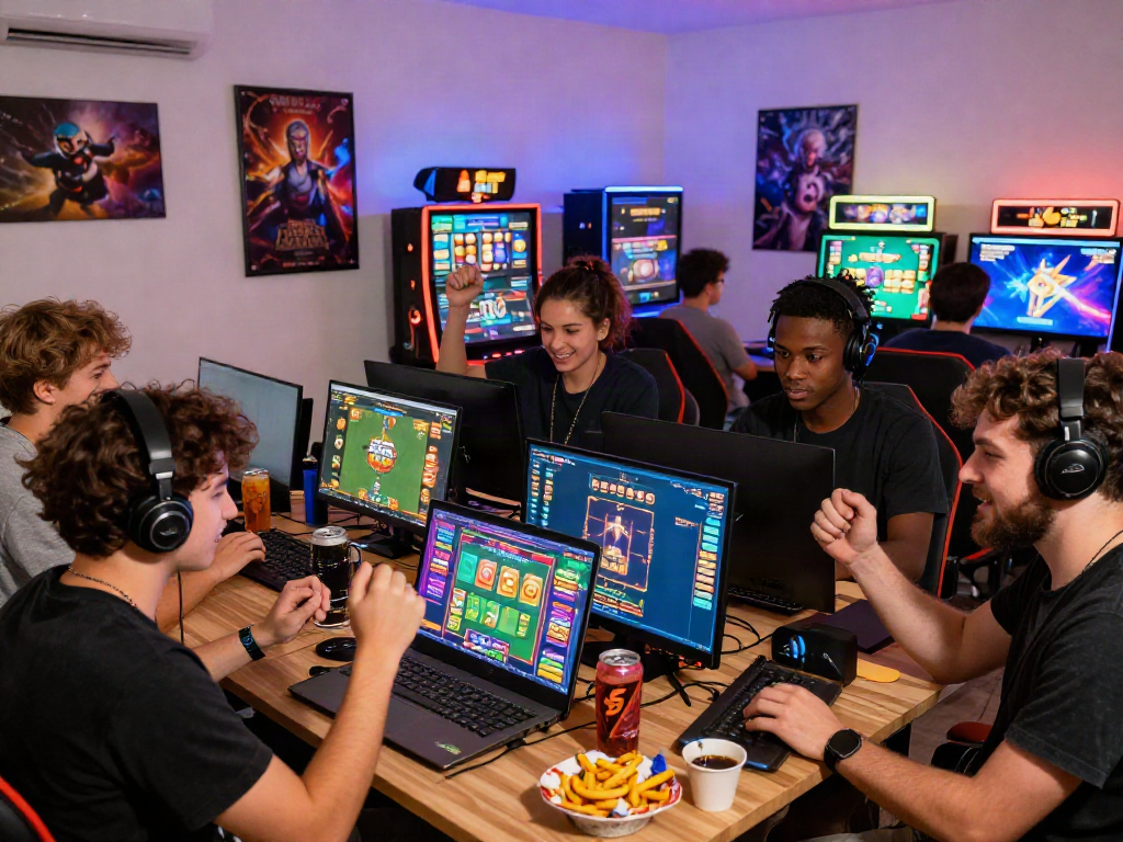 Engaging gaming community celebrating a bonus new member win with laptops and snacks.