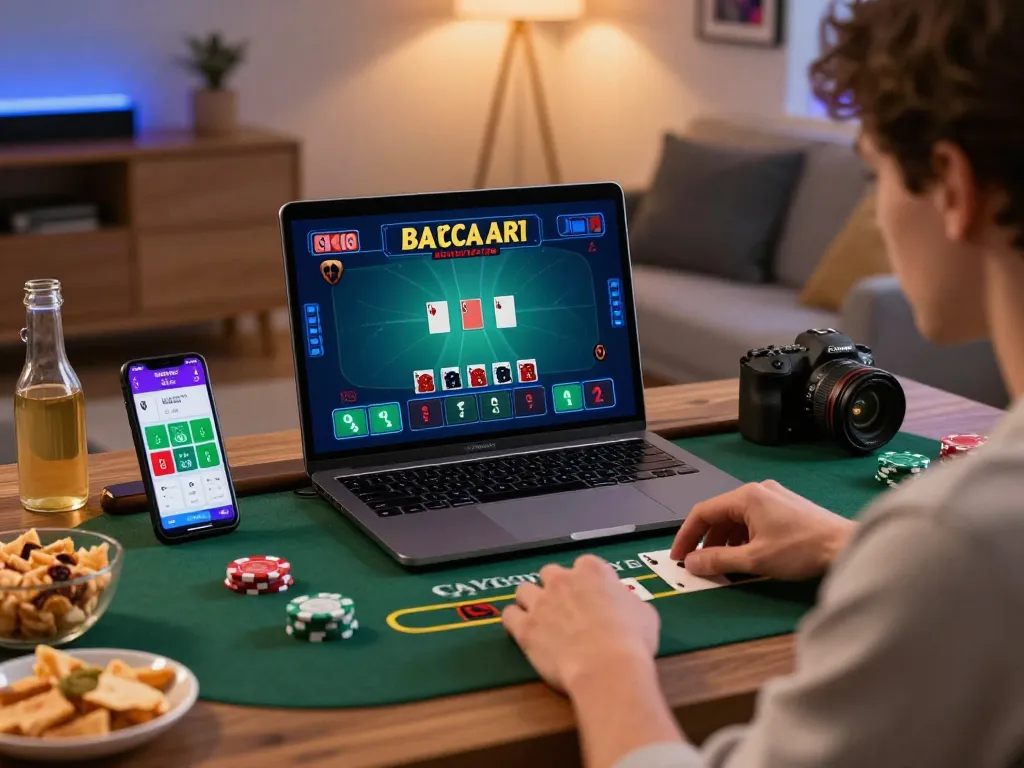 Engaged player enjoying a live baccarat game on a baccarat사이트, showcasing immersive graphics and a cozy gaming environment.