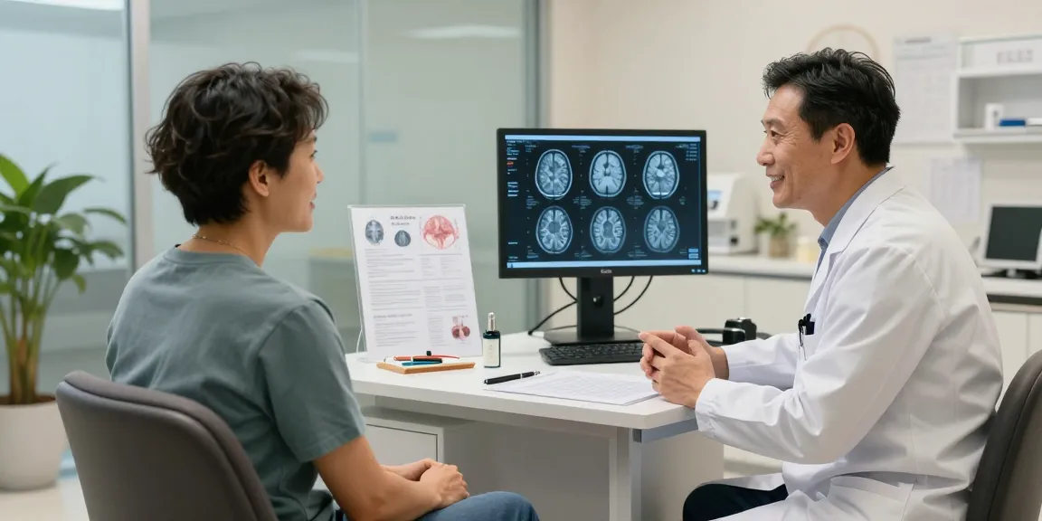 Beyin ameliyatı consultation in a professional clinic with a neurosurgeon and patient discussing treatment options.