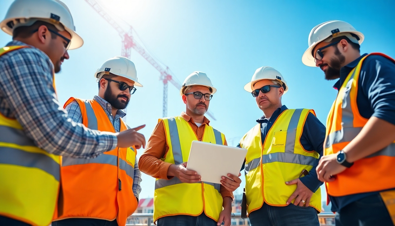 Construction member organization collaborating at a busy site, showcasing teamwork and professionalism.