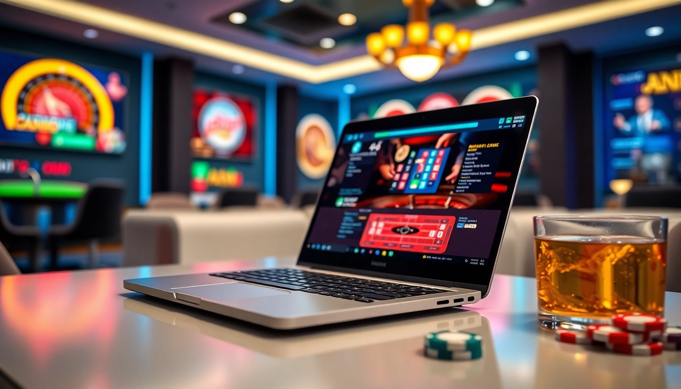 Beim casino spielen online mit einem modernen Laptop und bunten Spielgrafiken auf dem Bildschirm.