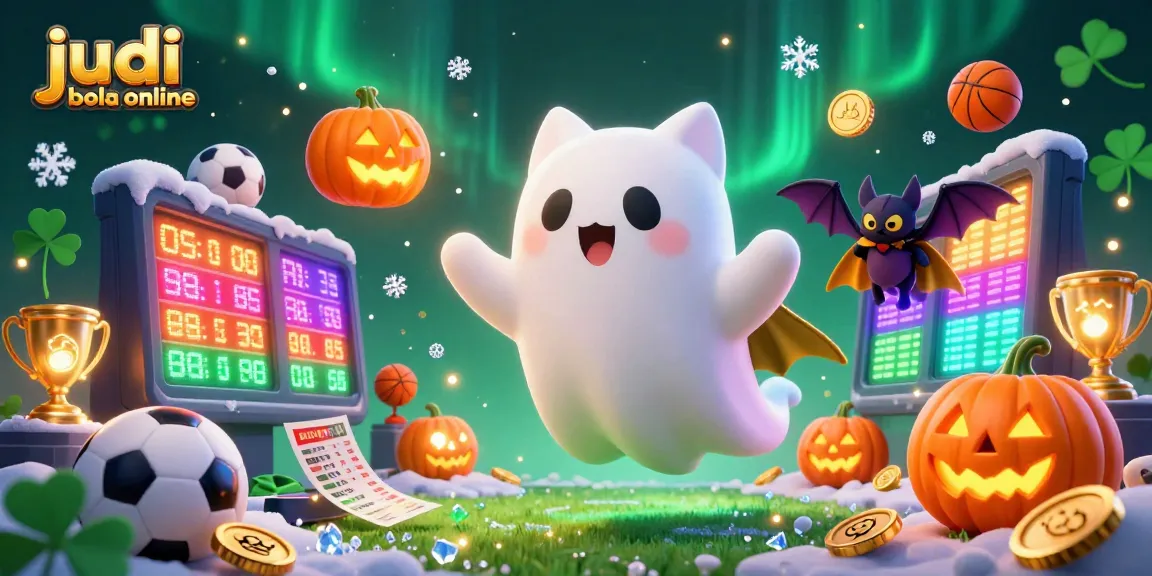 Bet on judi bola online with the friendly ghost cat and lively sports elements in a vibrant scene.