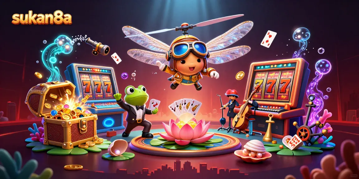 Sukan8a showcases a vibrant casino scene featuring a dragonfly helicopter pilot, frog croupier, and jazz band.
