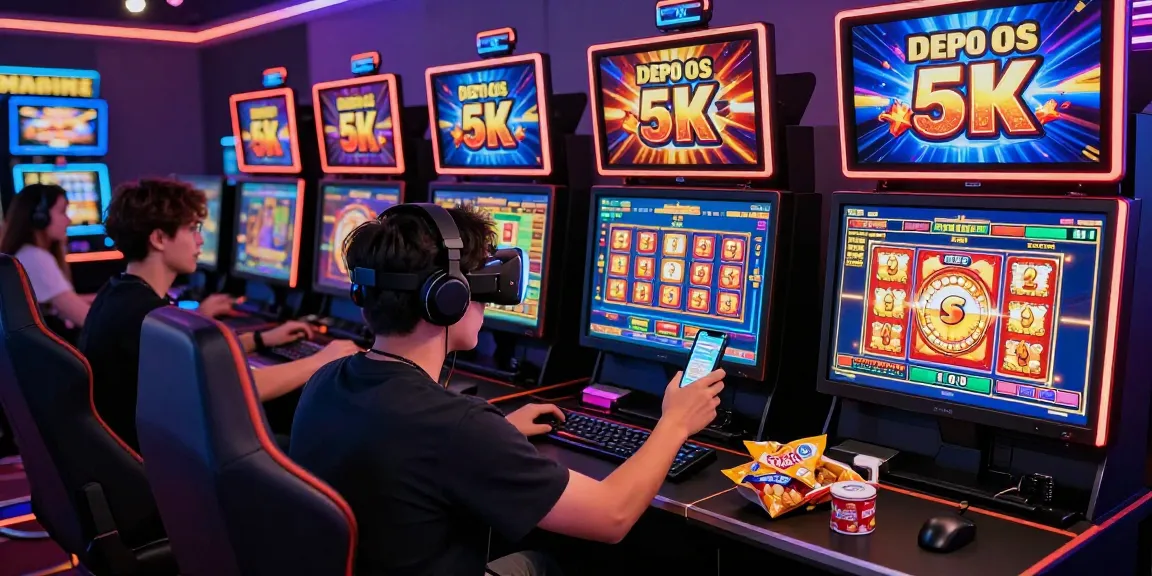 Exciting scene of a player enjoying slot depo 5k gaming with dynamic graphics, multiple monitors, and immersive casino atmosphere.