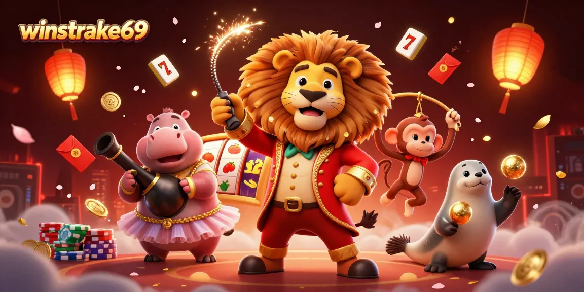 Engage with winstrike69's vibrant casino scene featuring dynamic slot elements and animated characters.