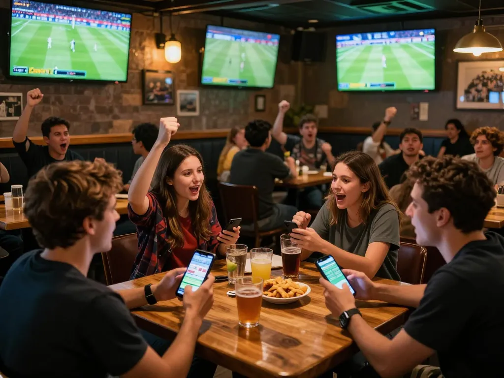 Cakhia TV unites fans placing bets and cheering at an energetic sports bar during a live soccer match
