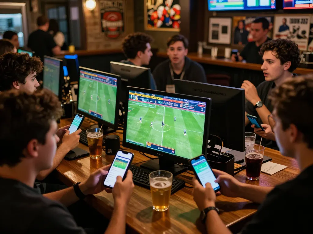 Kết quả bóng đá displayed as patrons actively place bets in a lively sports betting atmosphere at a bar