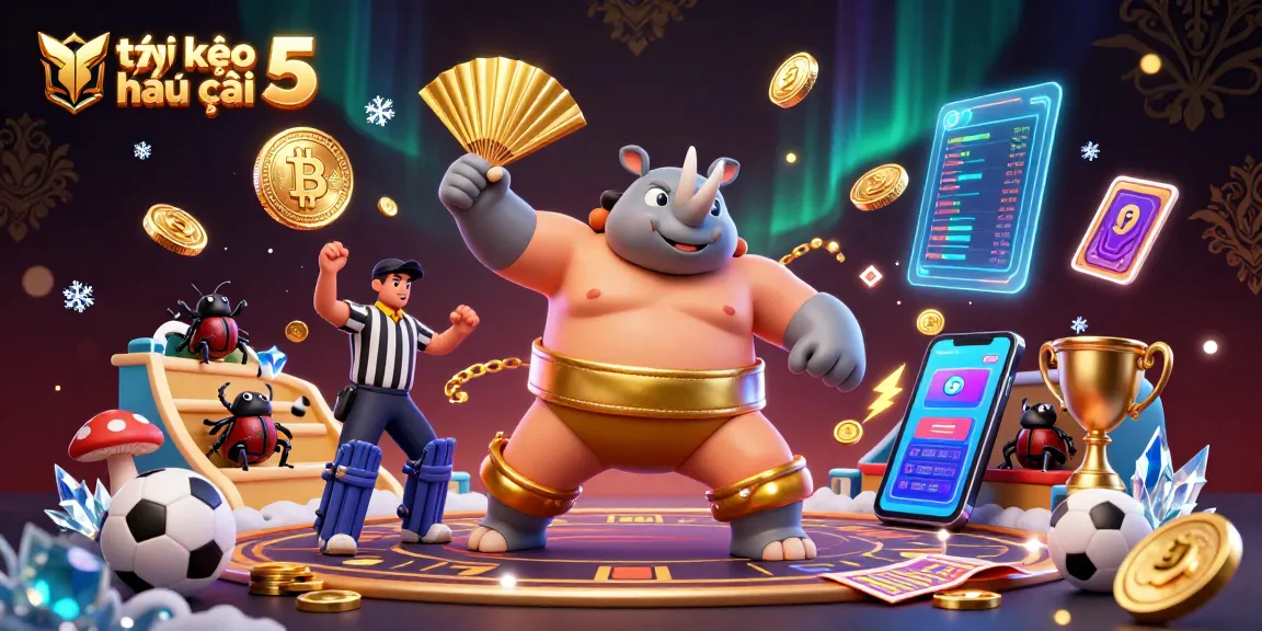 Celebrate your wins with the best tỷ lệ kèo nhà cái 5 in a lively sports betting scene featuring dynamic characters and elements.