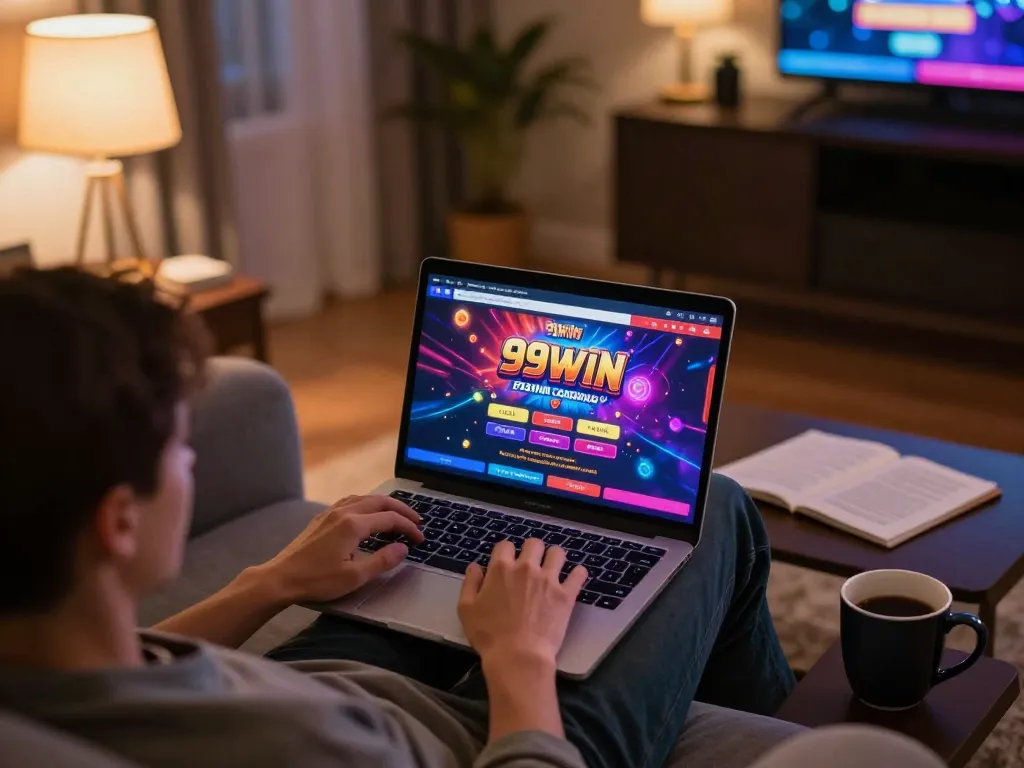 Engaged player enjoys online casino experience at 99win, with strategic notes and laptop