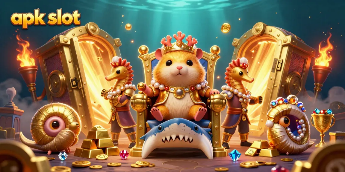 Memenangkan apk slot dengan gambar raja hamster berada di tahta gigi megalodon dikelilingi harta berkilau.