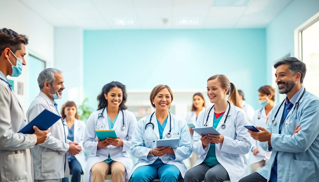 Promoting health through diverse healthcare professionals engaging with patients in a modern clinic.