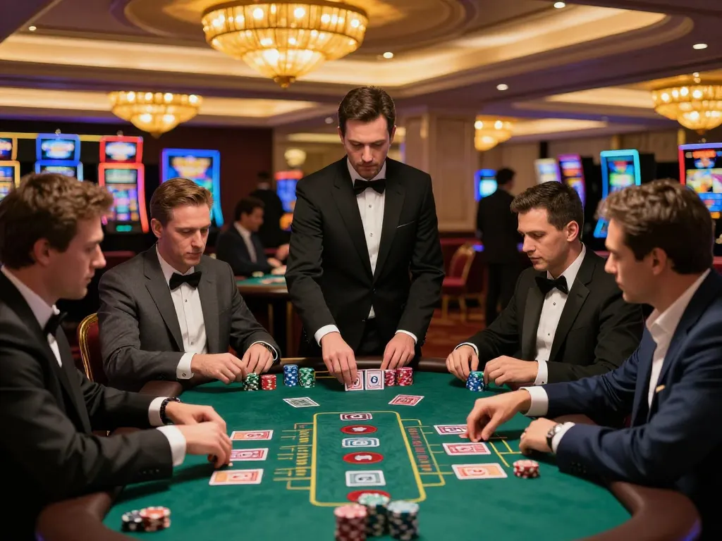 Engaged players strategically placing bets at high-stakes blackjack table showcasing top quality widgets in upscale casino.