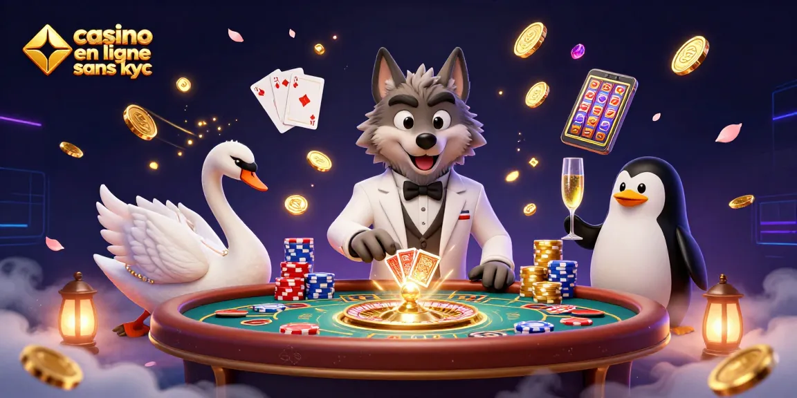 Jouez dans un casino en ligne sans KYC où un loup élégant, un cygne et un pingouin présentent des jeux de société.