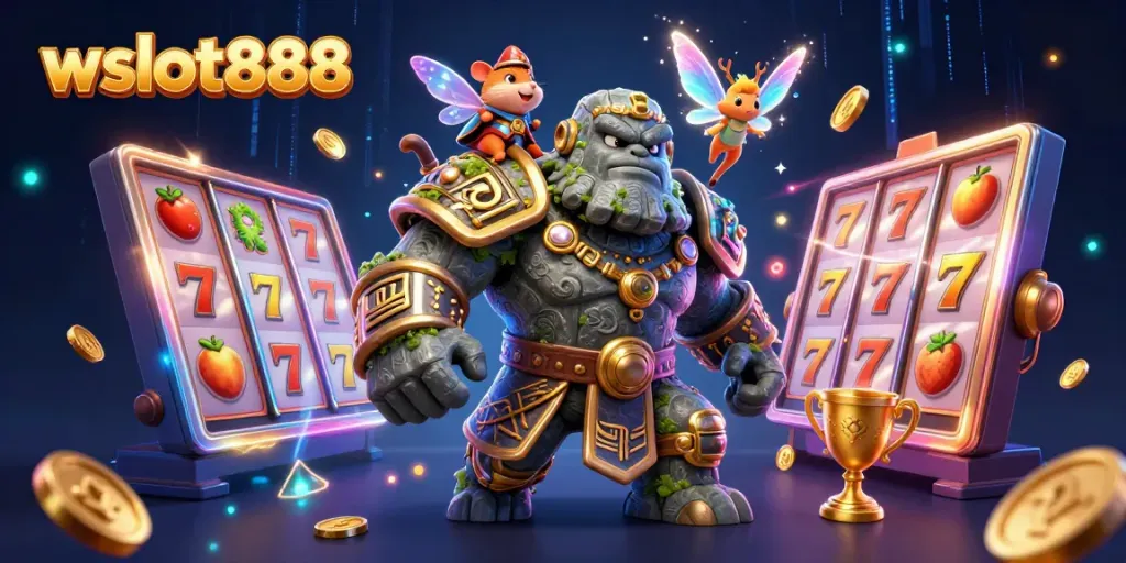 Gambarkan permainan slot gacor di WSLOT888 dengan unik dan menarik dengan karakter golem dan peri.