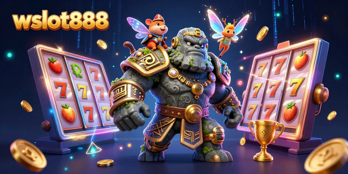 Gambarkan permainan slot gacor di WSLOT888 dengan unik dan menarik dengan karakter golem dan peri.